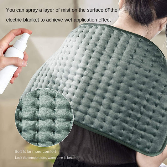 Draped heating pad blanket, dark green quilted fabric with mist-spray bottle