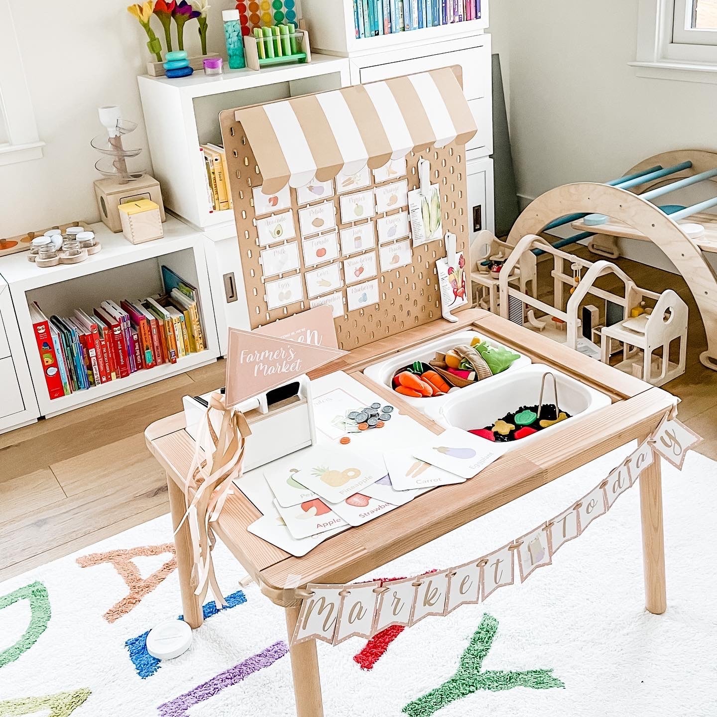 Farm market dramatic play set with counter, open sign, and food card display board
