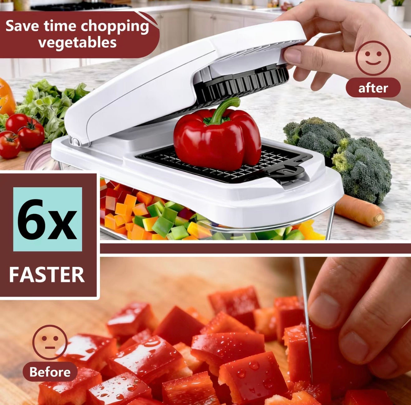 Multi-blade vegetable chopper with white handle and black slicing plate, red pepper in tray