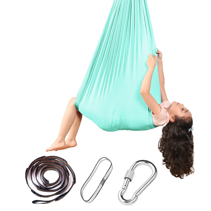 Sensory hammock swing chair in turquoise fabric with hanging rope and carabiners