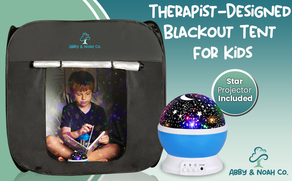 Black kids blackout tent with front window and blue star projector light