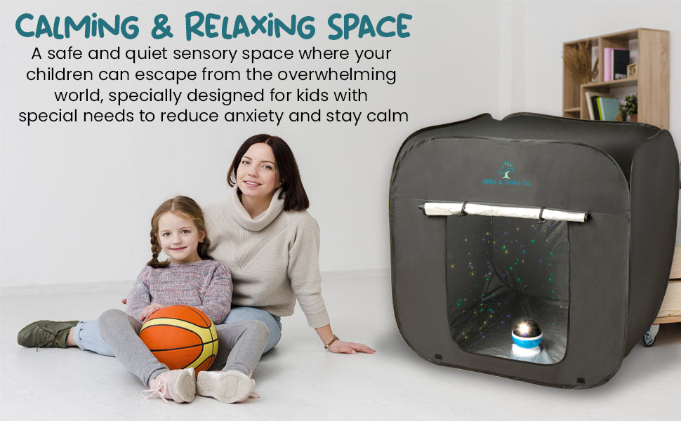 Black kids blackout tent with front opening and galaxy light projector inside