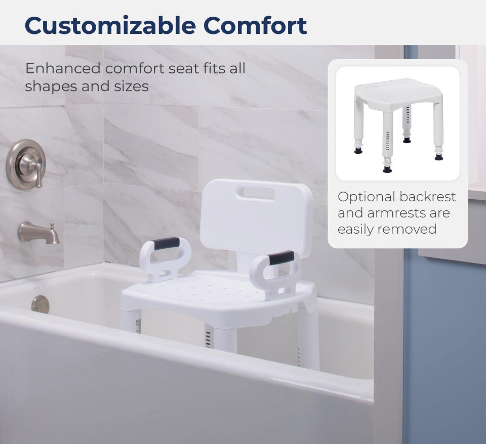 White shower chair with removable backrest and armrests, comfort seat