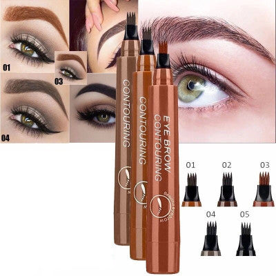 Liquid eyebrow pencil set with four shades and slim applicator tips in dark brown tones