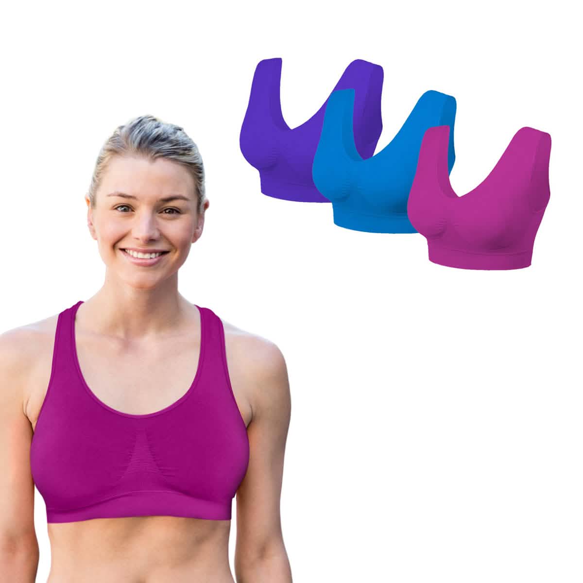 Lightweight seamless comfort bra on model in magenta, with bras in purple and blue
