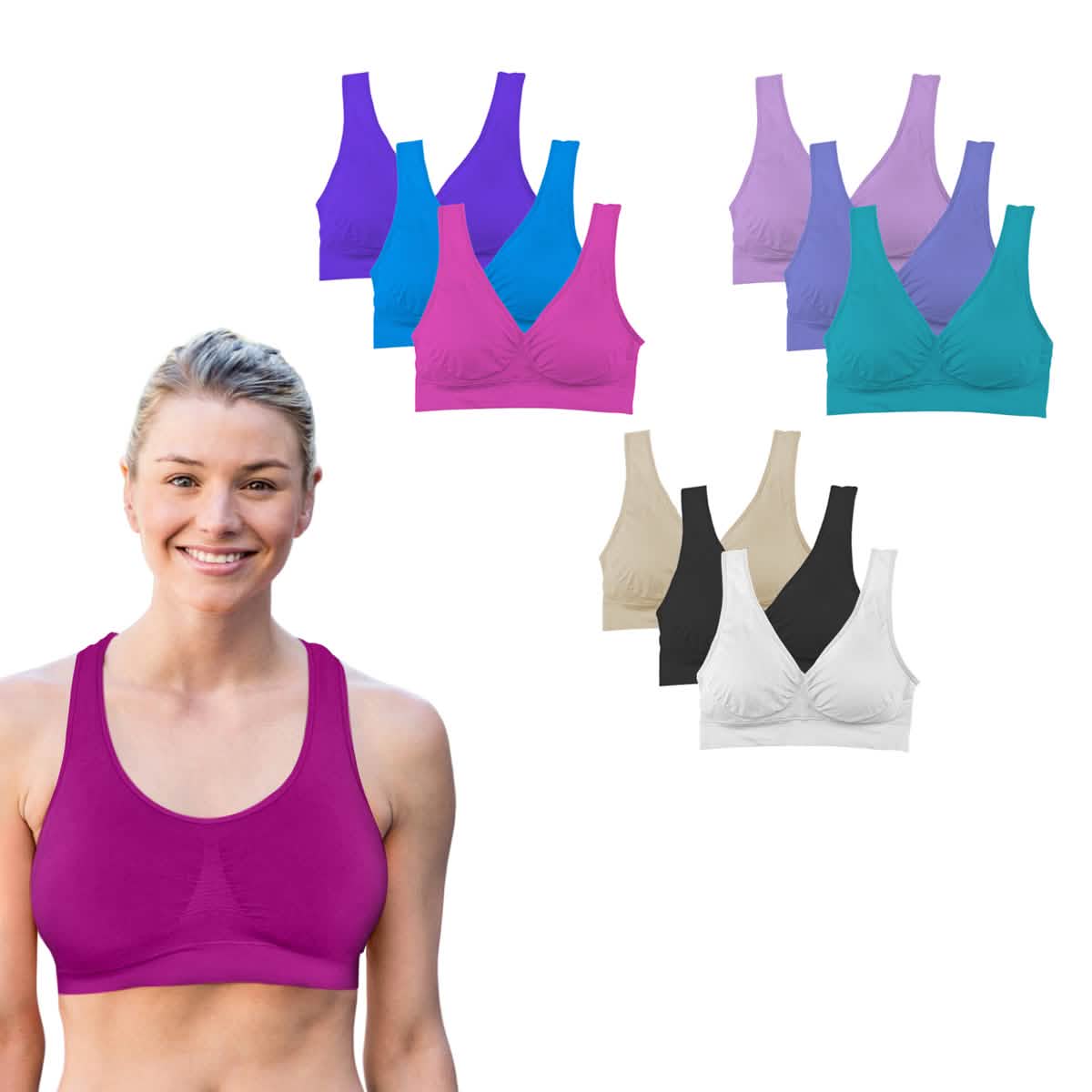 Lightweight seamless comfort bra on model in plum, with matching bras in blue and pink