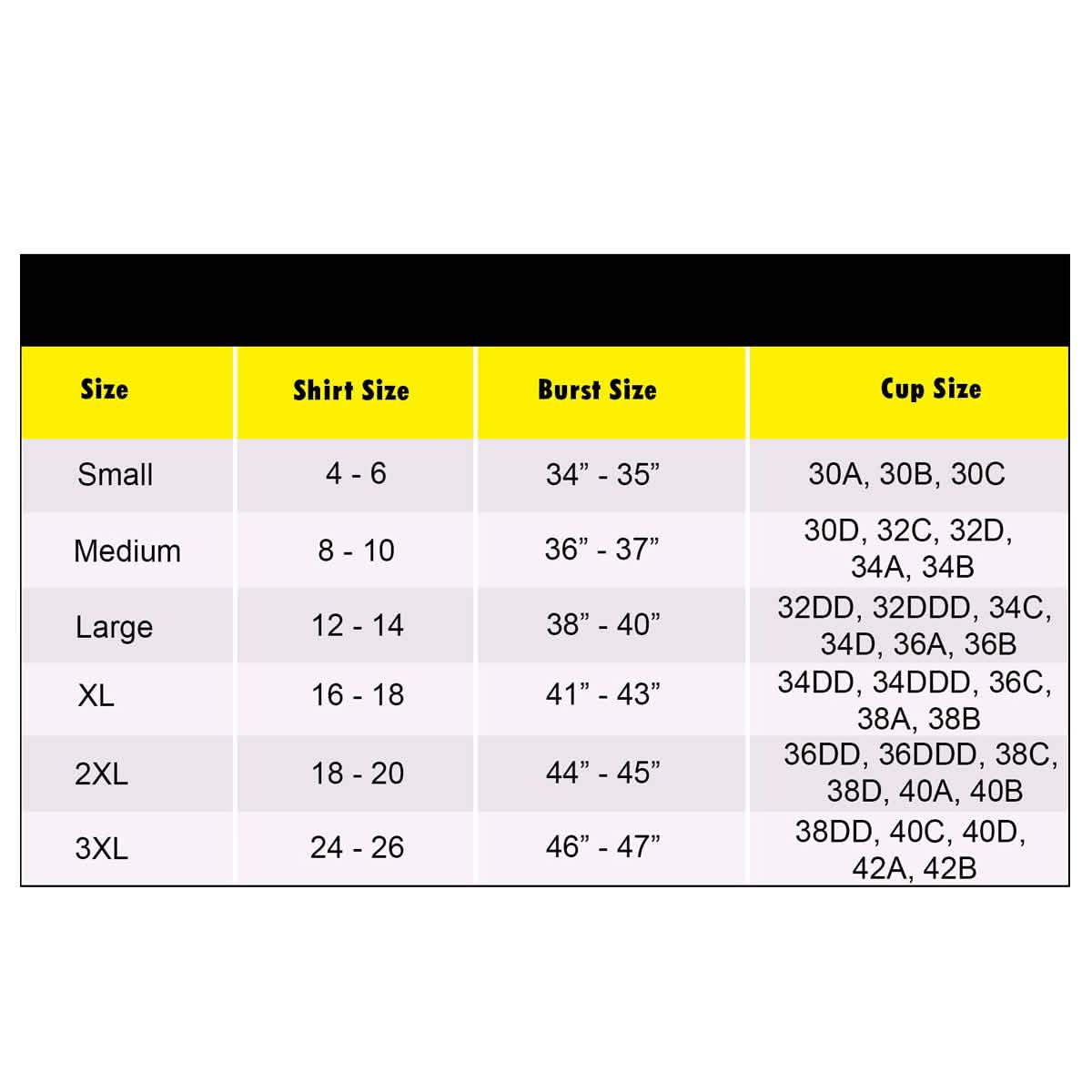 Bra size chart table with Size, Shirt Size, Bust Size, and Cup Size columns