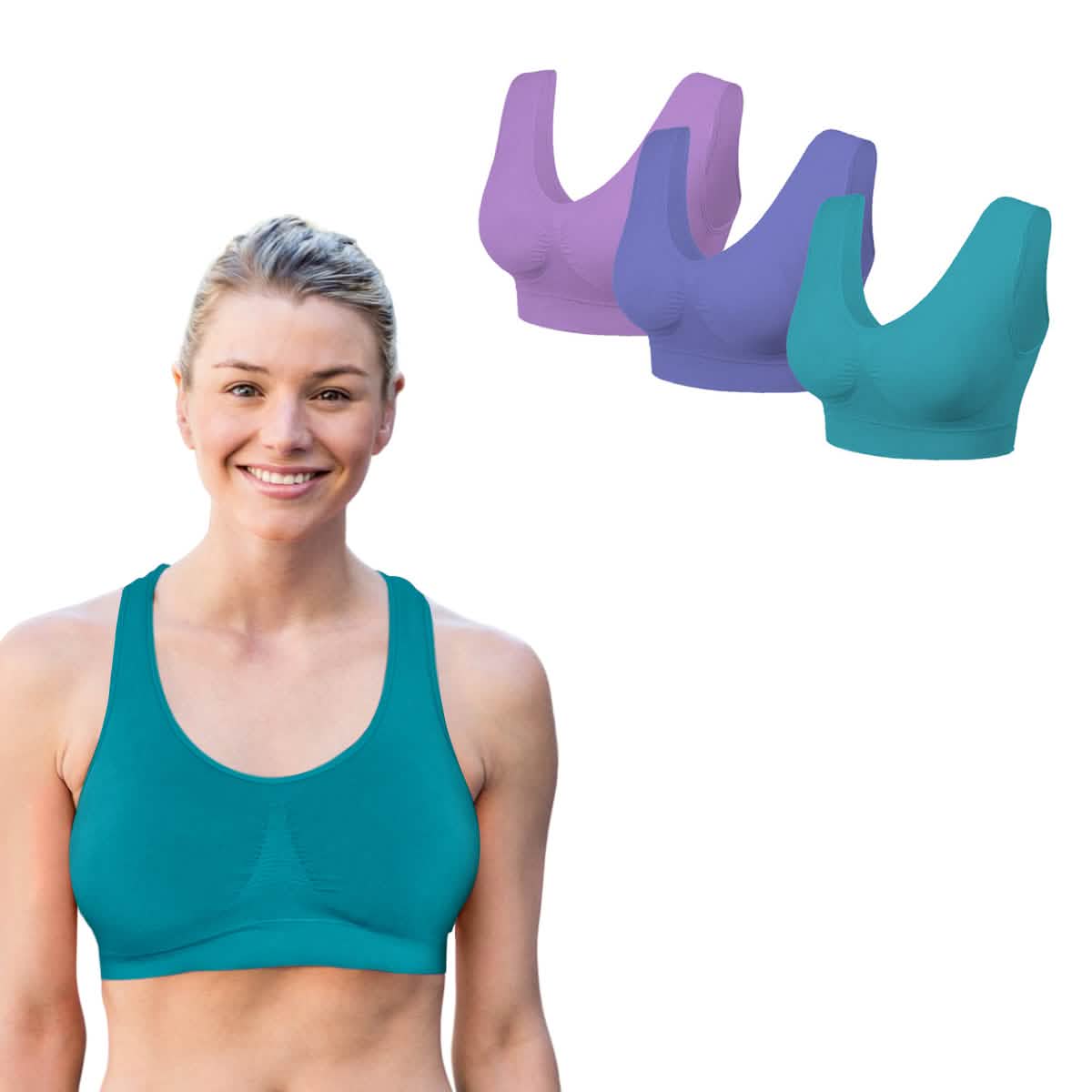 Lightweight seamless comfort bra on model in teal, with matching bras in purple tones
