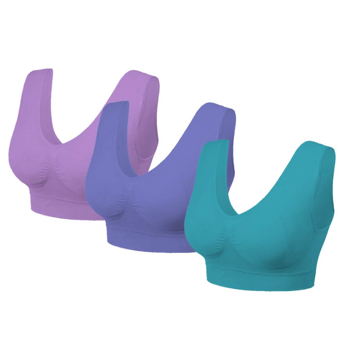 Lightweight seamless bras in lavender, blue, and teal, shown front view