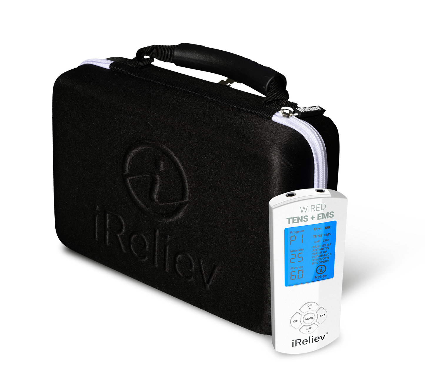Black carrying case with iReliev wired TENS+EMS controller unit showing a blue display