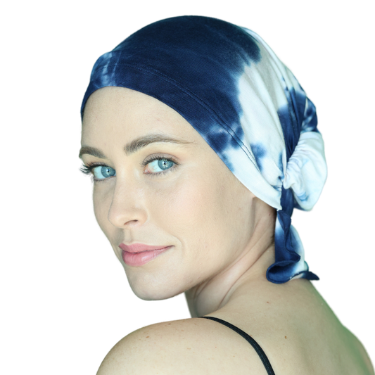 ELISE CHEMOBEANIES® chemo beanie in dark blue with light tie-dye streaks, side knot drape