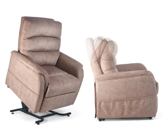 3-position lift chair in Antler with padded arms and wheeled lift base