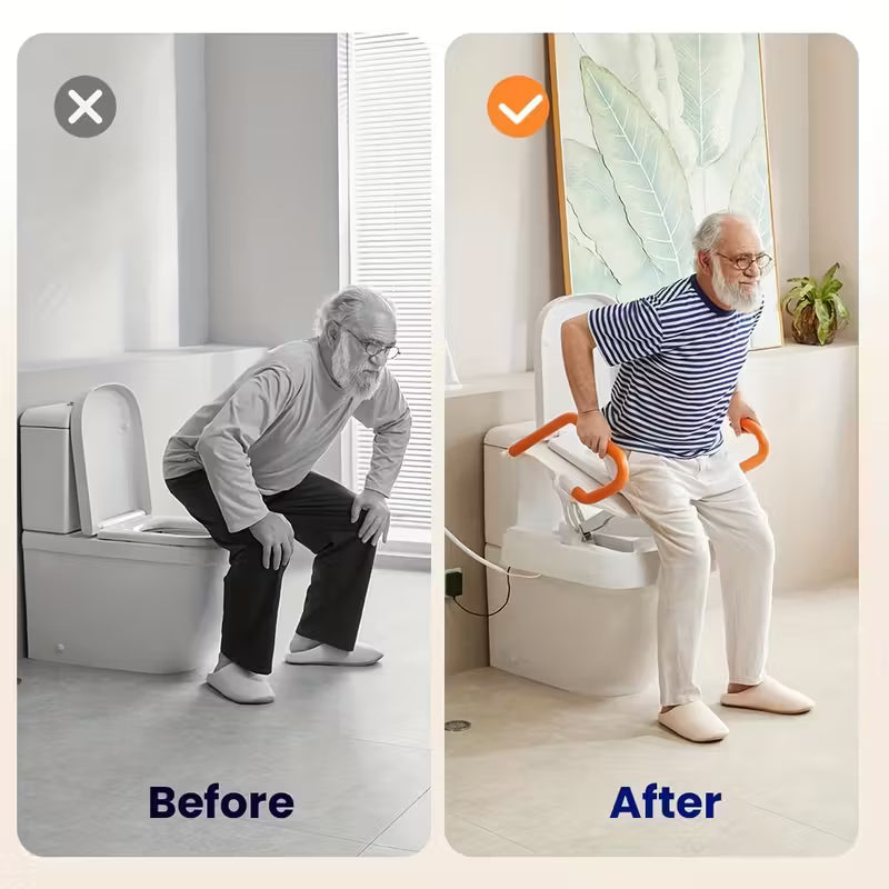 Electric toilet lift seat on a white toilet, showing orange lifting handles