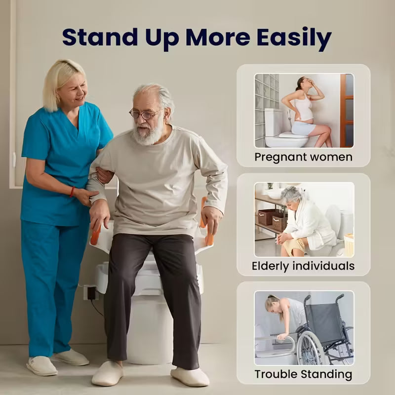 Electric toilet lift seat assisting standing, with orange armrests and white base