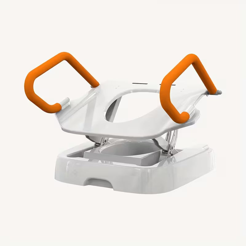 Electric toilet lift seat with orange handles and white seat, side view with lifting base