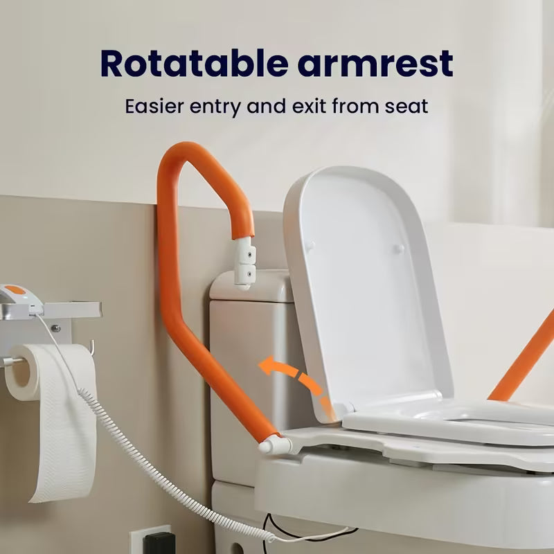 Rotatable armrests toilet lift seat with orange handles and white lid cover