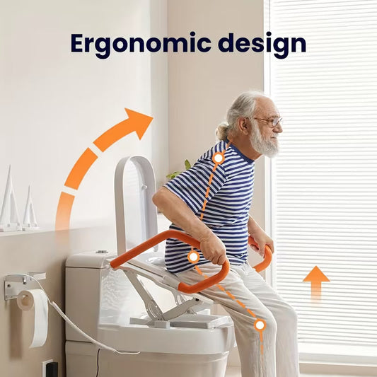Electric toilet lift seat with orange U-shaped handles and padded white seat on a toilet