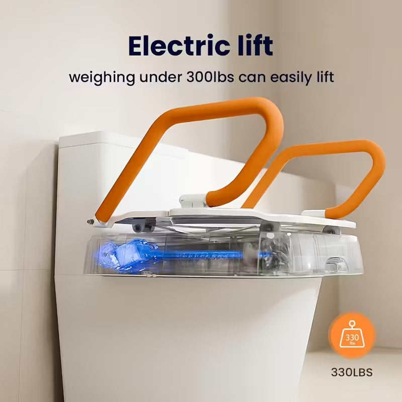 Electric lift toilet seat with orange handles and visible lifting mechanism inside