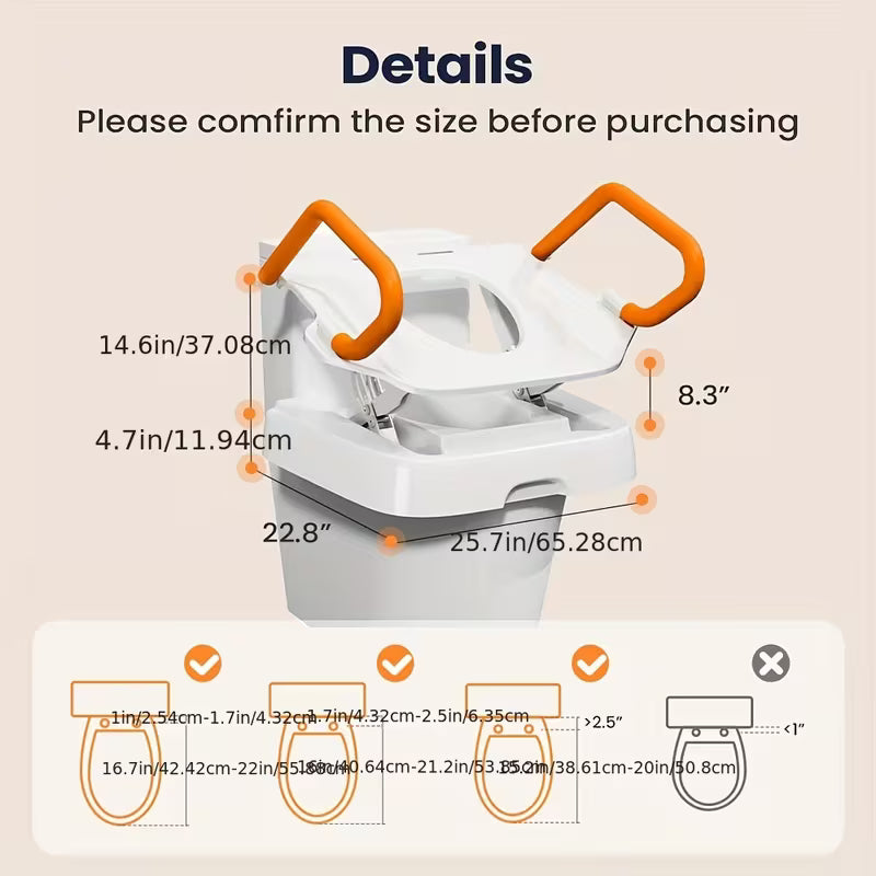 White electric toilet lift seat with orange handles, showing size measurements