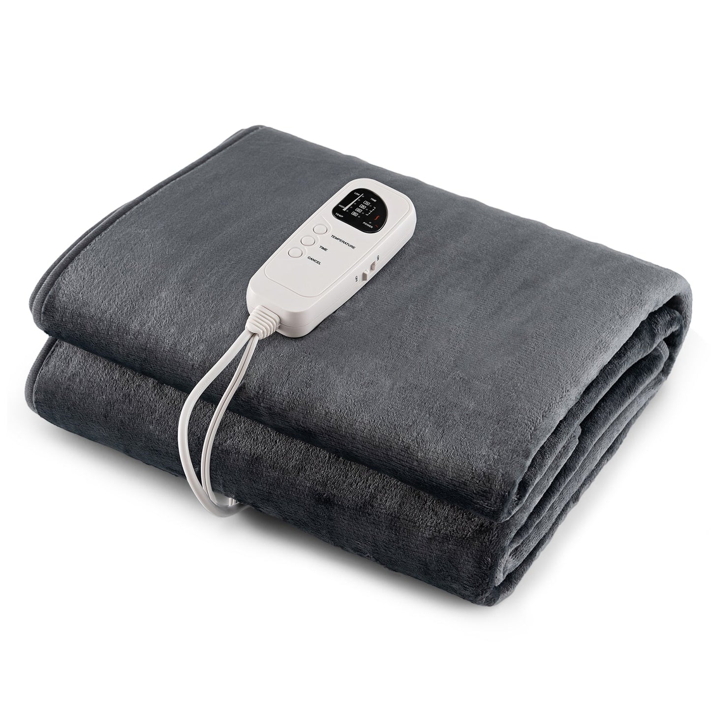 Folded gray heated mattress pad with attached white power controller