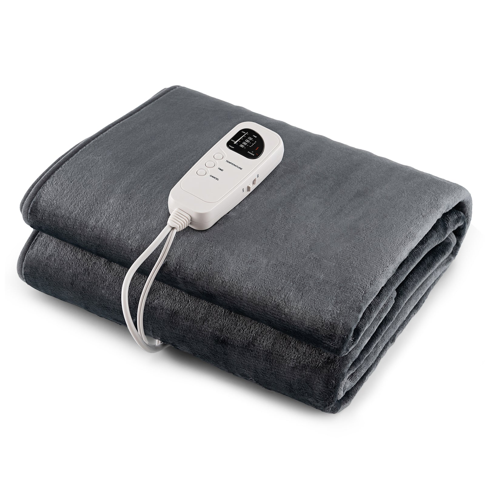 Folded gray heated mattress pad with attached white power controller