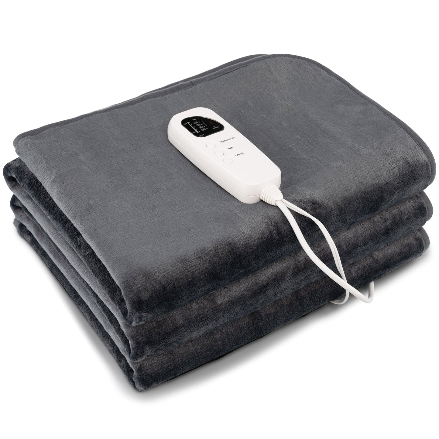 Folded gray heated mattress pad with controller and cord connection visible