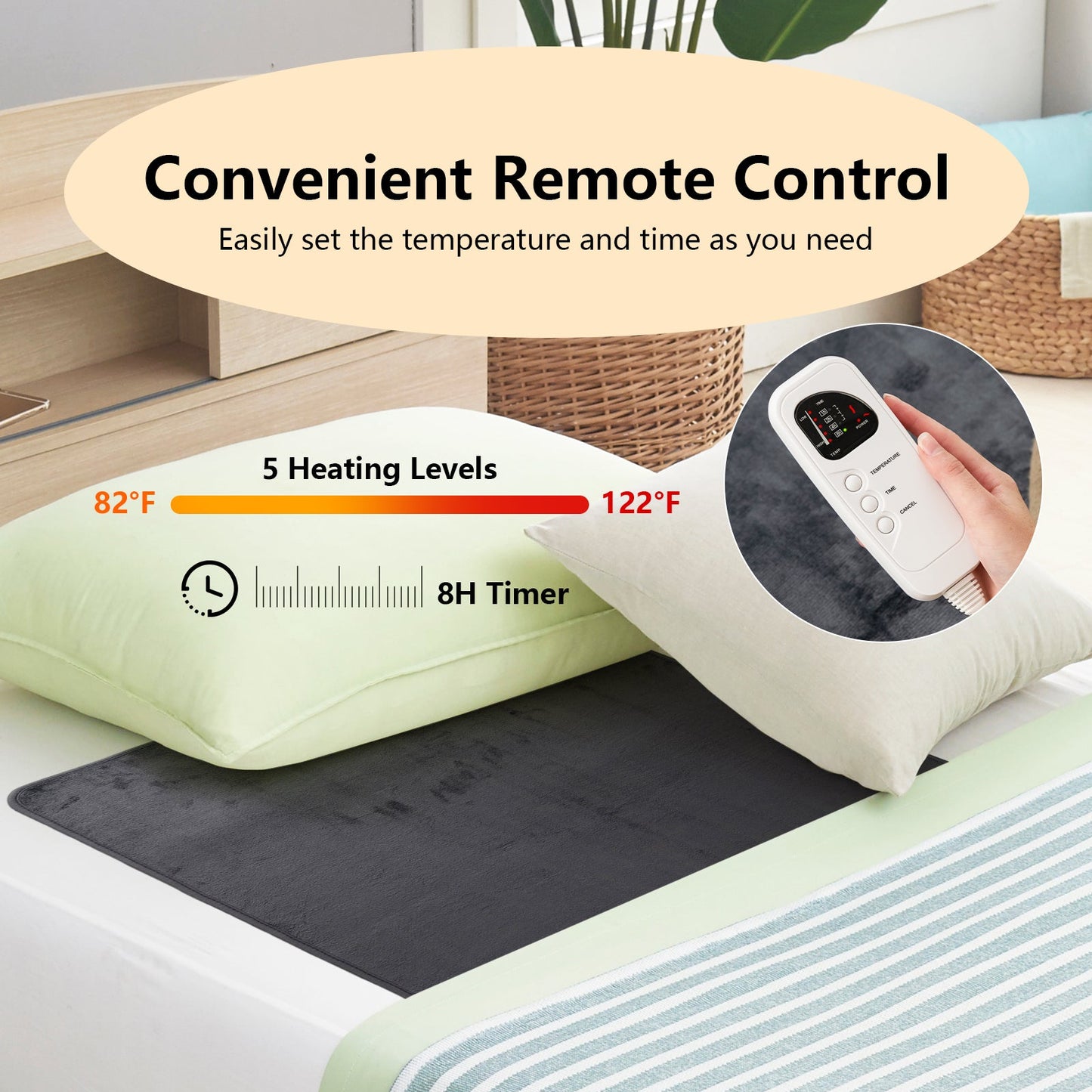 Gray heated mattress pad with remote control display for 5 heat levels and 8-hour timer
