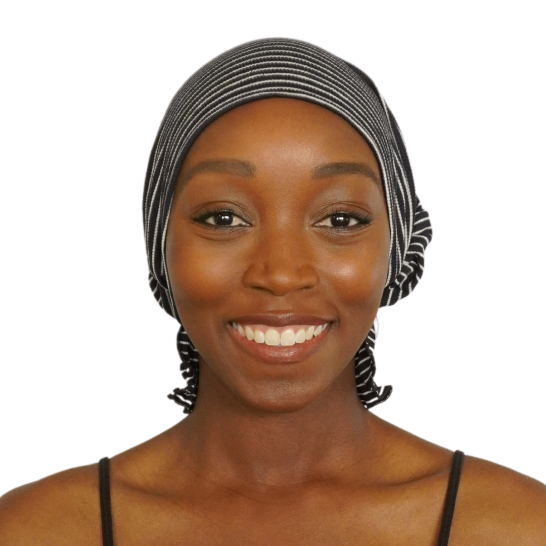 EMILIE CHEMOBEANIE® chemo beanie, black-and-white striped knit wrap