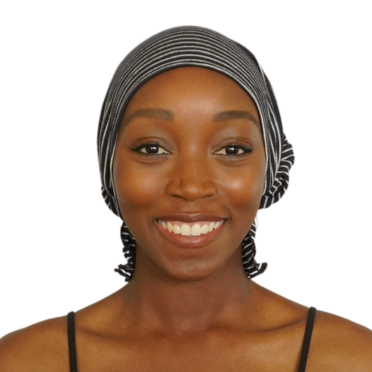 EMILIE CHEMOBEANIE® chemo beanie, black-and-white striped knit wrap