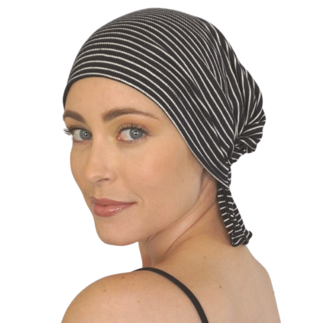 EMILIE CHEMOBEANIE® chemo beanie in black with white horizontal stripes
