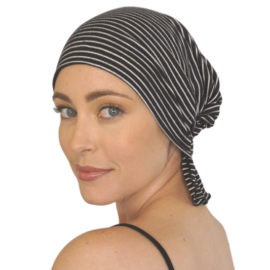 EMILIE CHEMOBEANIE® chemo beanie in black with white horizontal stripes