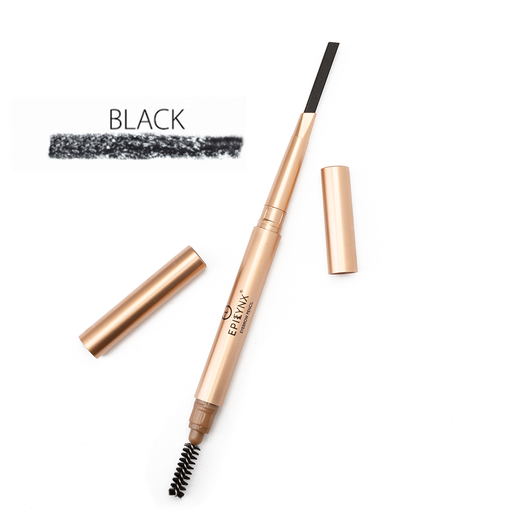 Black eyebrow pencil with built-in spoolie brush and sharpened tip, blendable color