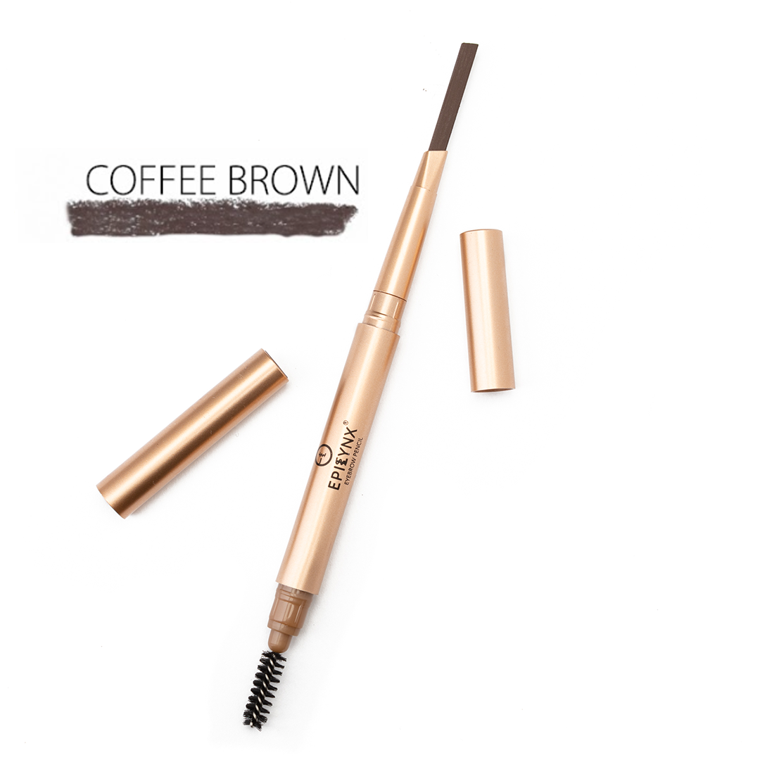 Eyebrow pencil with spoolie brush, coffee-brown shade, retractable tip and capped end.