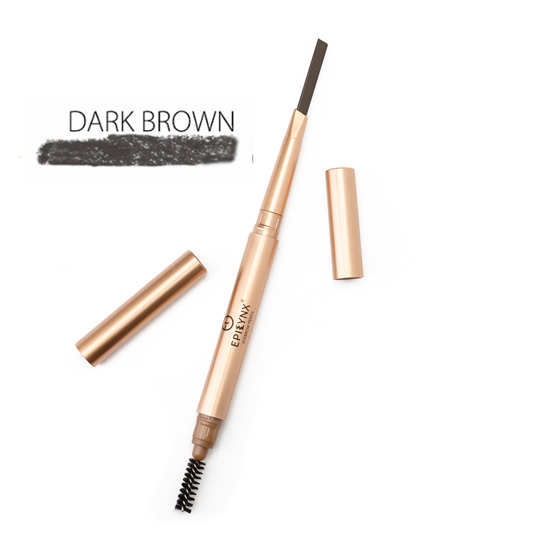 Eyebrow pencil with spoolie brush, dark-brown shade, retractable tip and capped end.