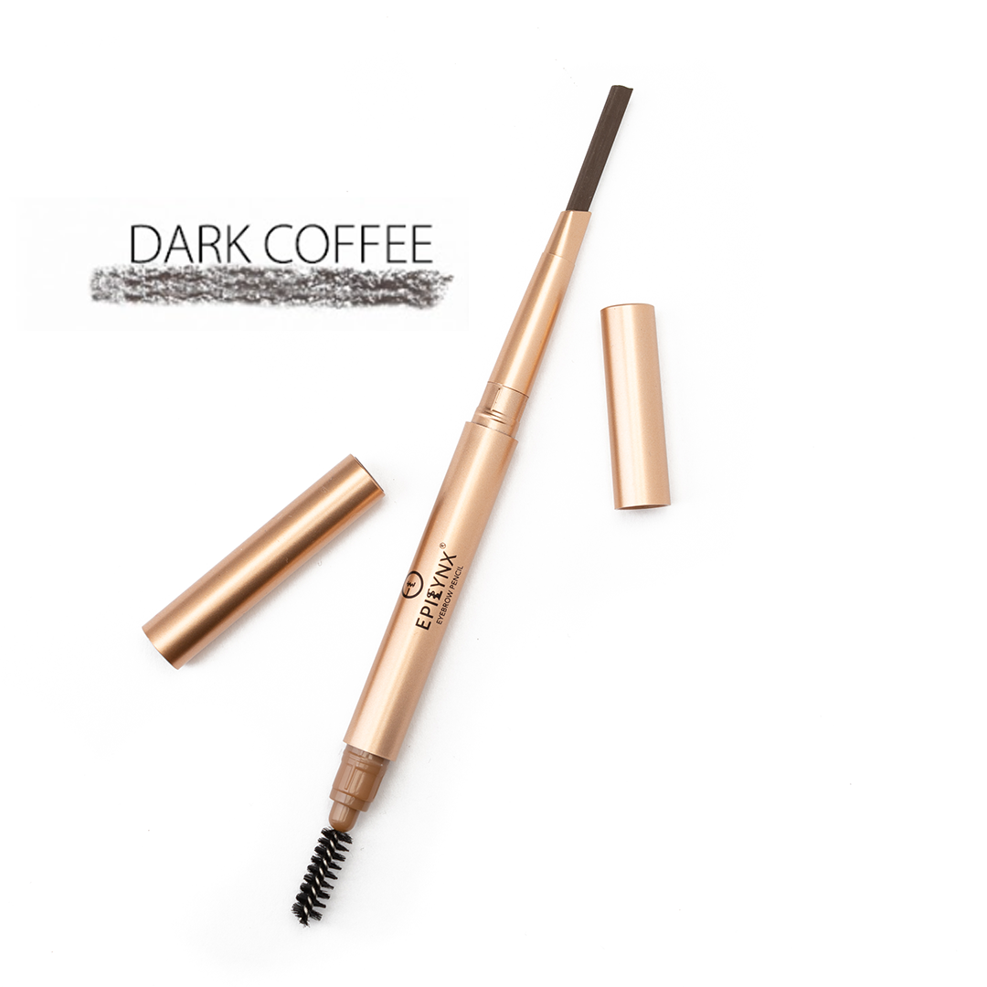 Dark coffee eyebrow pencil with built-in spoolie brush and sharpened tip, blendable color