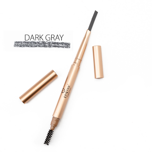 Dark gray eyebrow pencil with built-in spoolie brush and sharpened tip, blendable color