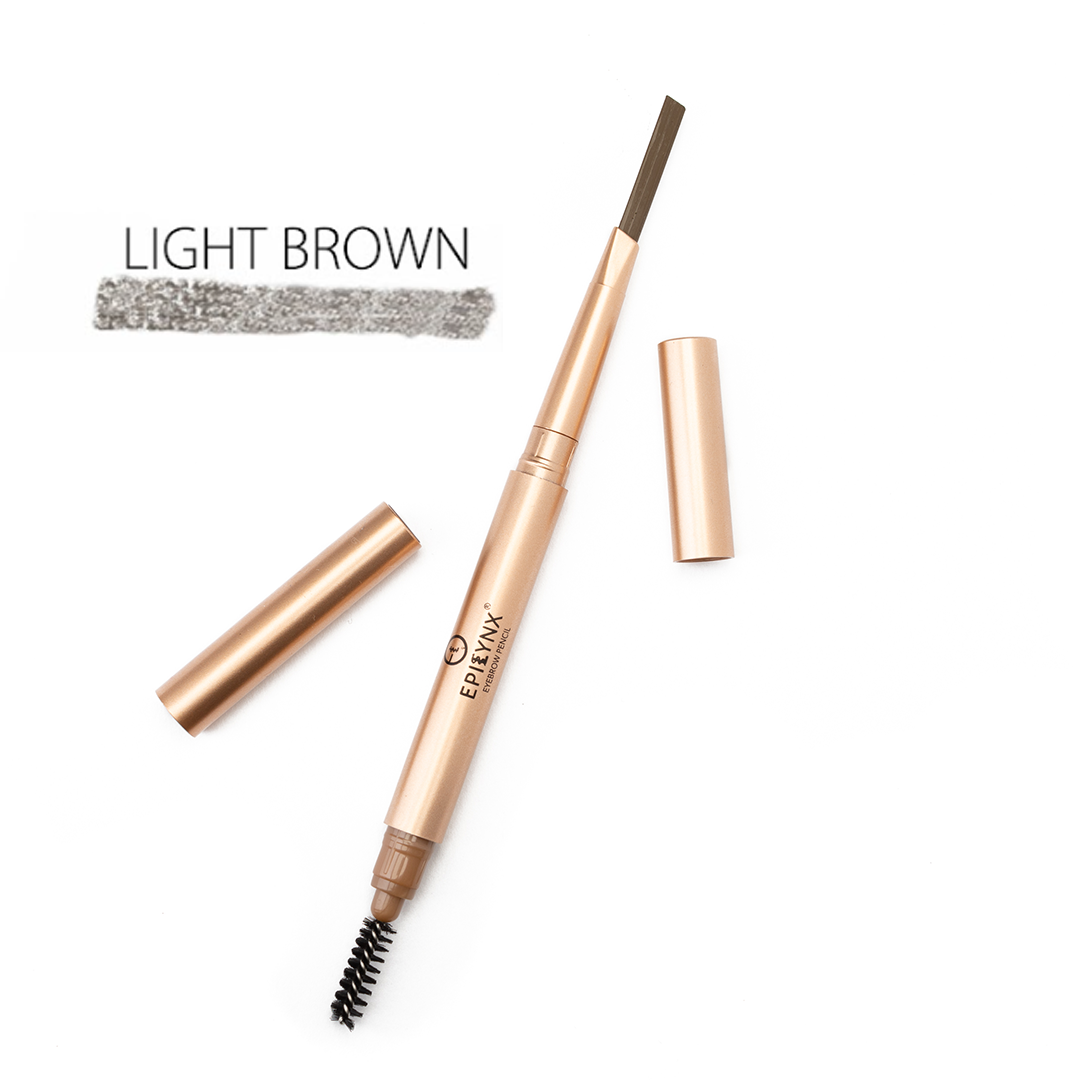 Eyebrow pencil with spoolie brush, light-brown shade, retractable tip and capped end.