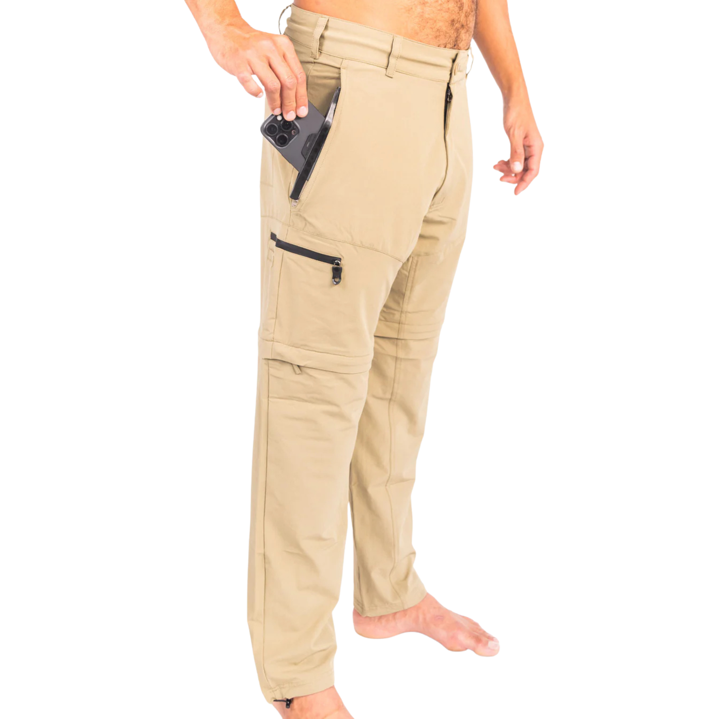 Fishing pants in khaki tan with cargo pockets and a waterproof zip pocket