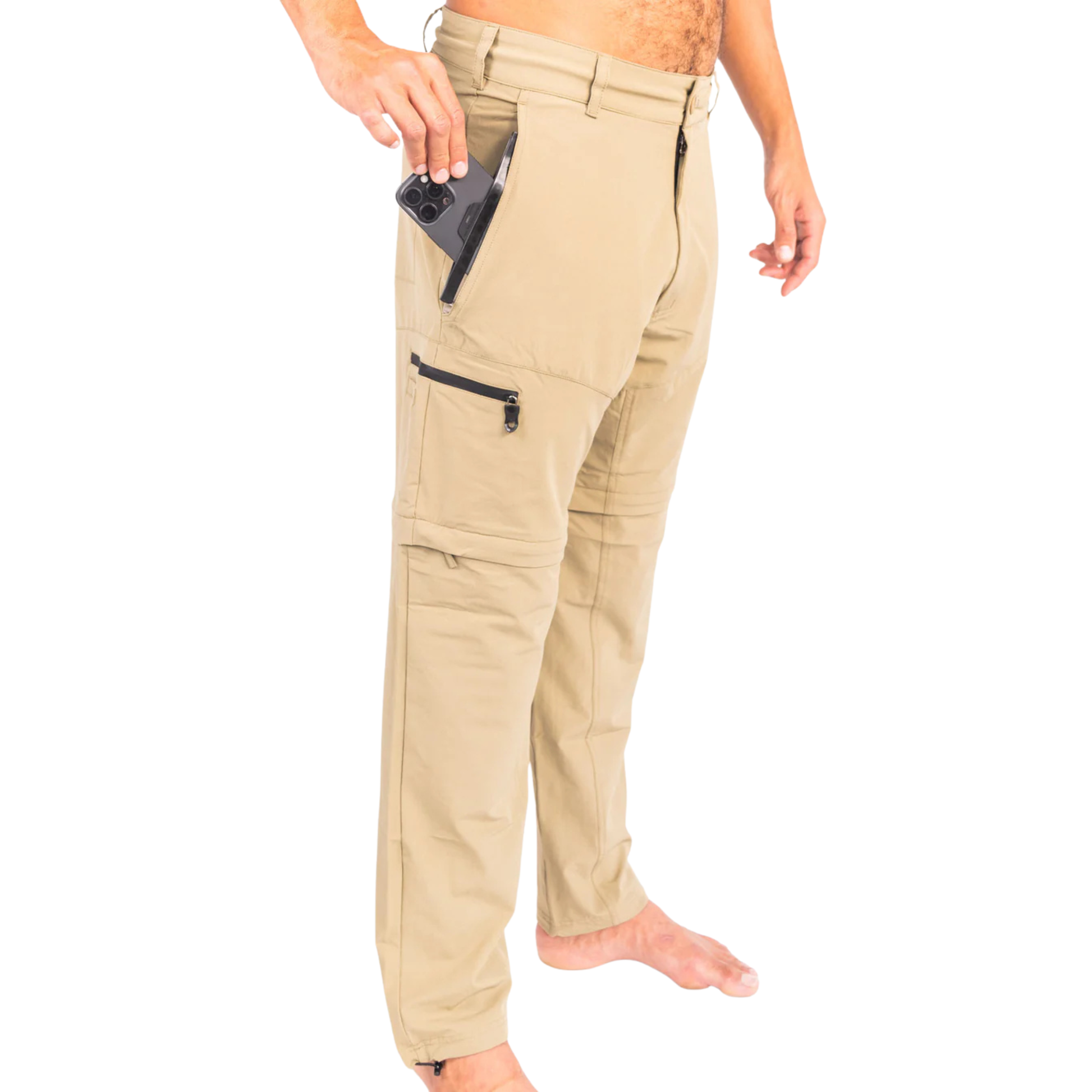 Fishing pants in khaki tan with cargo pockets and a waterproof zip pocket