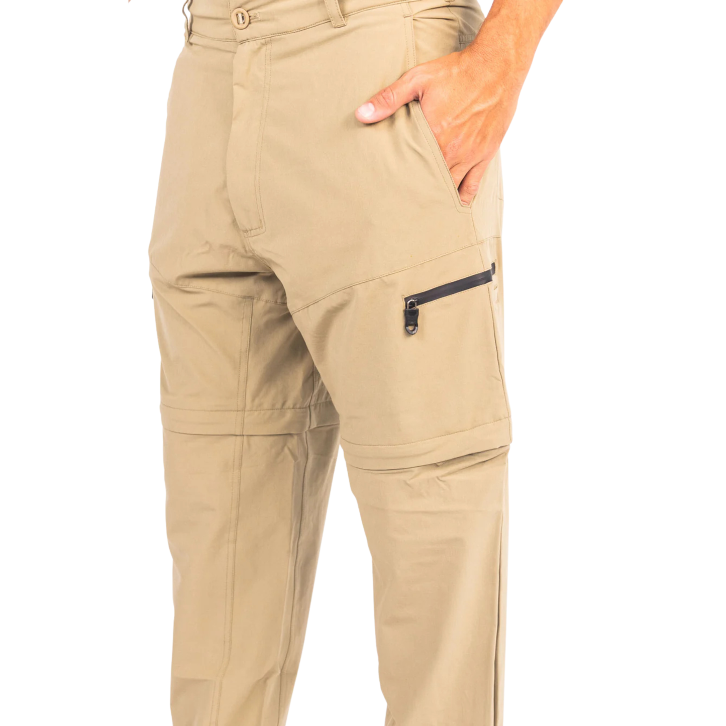 Khaki tan fishing pants with side cargo pocket and waterproof zip closure