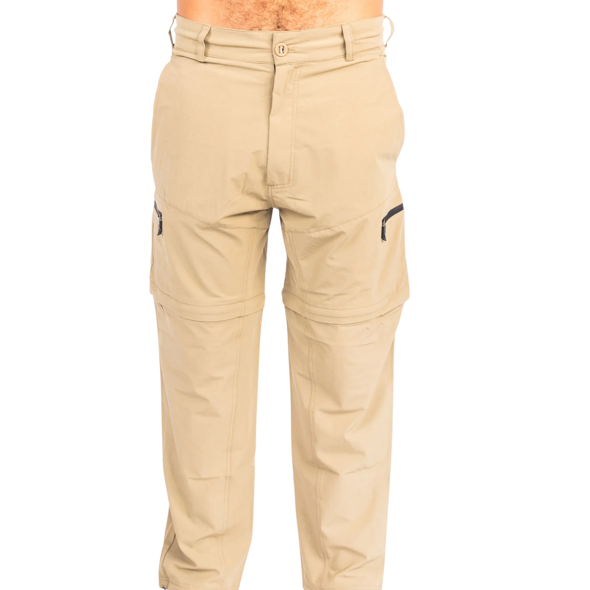 Khaki tan fishing pants with belt loops and two zip cargo pockets