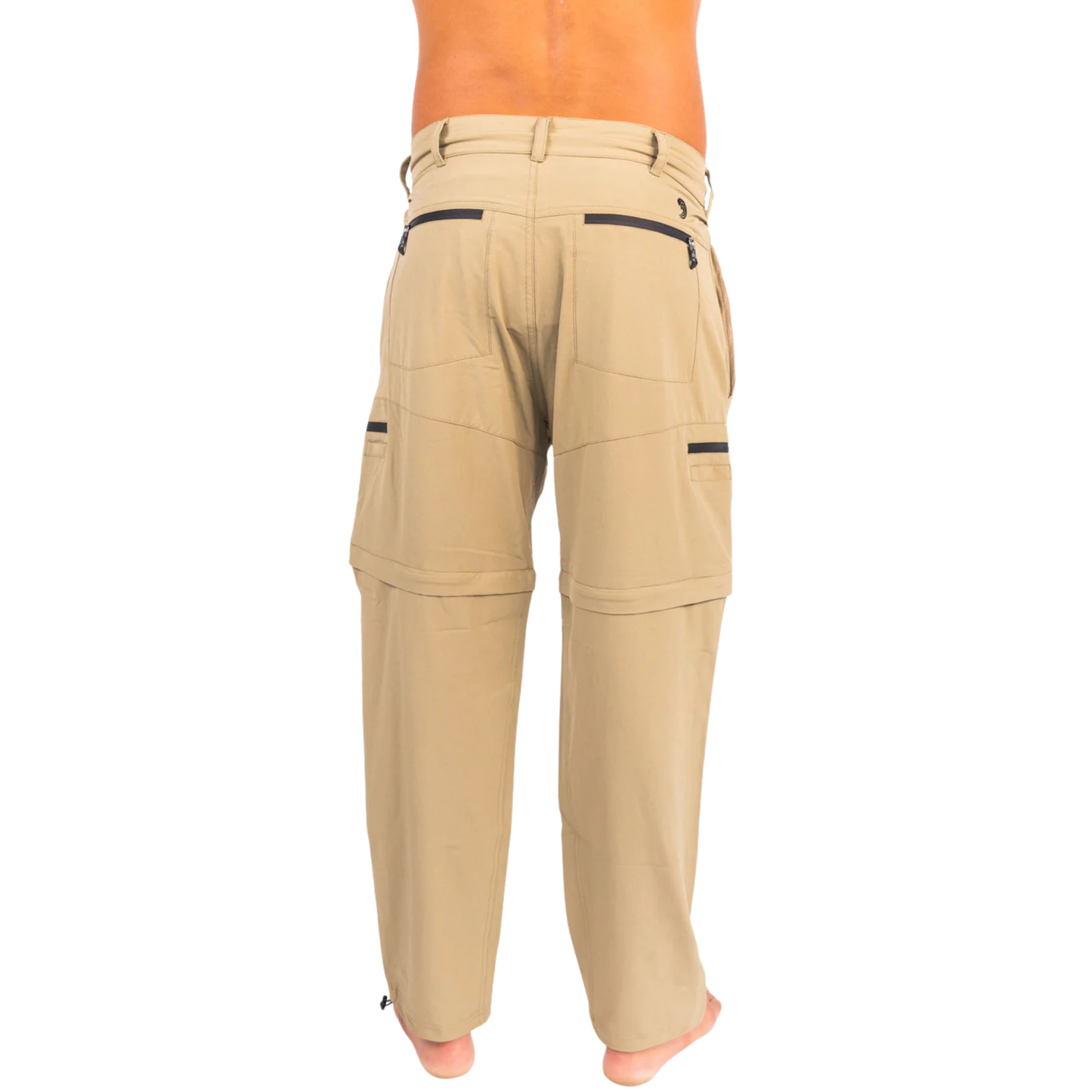 Khaki tan fishing pants from back view with zip cargo pockets and panel stitching