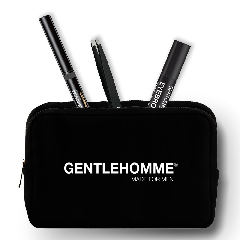 Eyebrow makeup kit set in black zip pouch with three brow styling tools