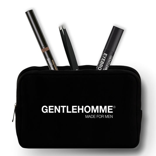 Eyebrow makeup kit with black zip pouch holding two eyebrow pens and a pencil