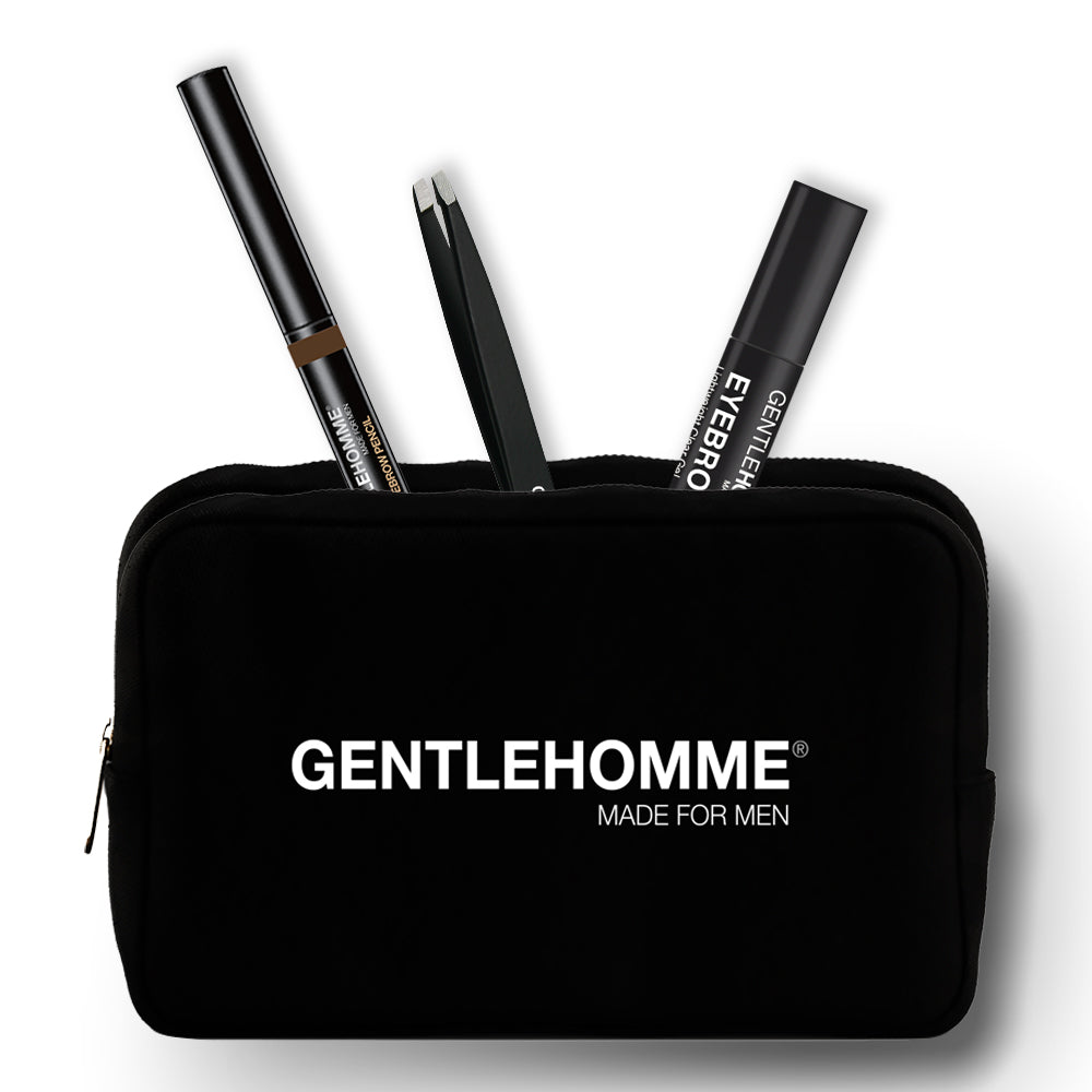 Eyebrow makeup kit: black zip pouch with eyebrow pencil, pen, and pomade brush