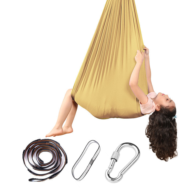 Sensory hammock swing chair in yellow fabric with hanging rope and carabiners