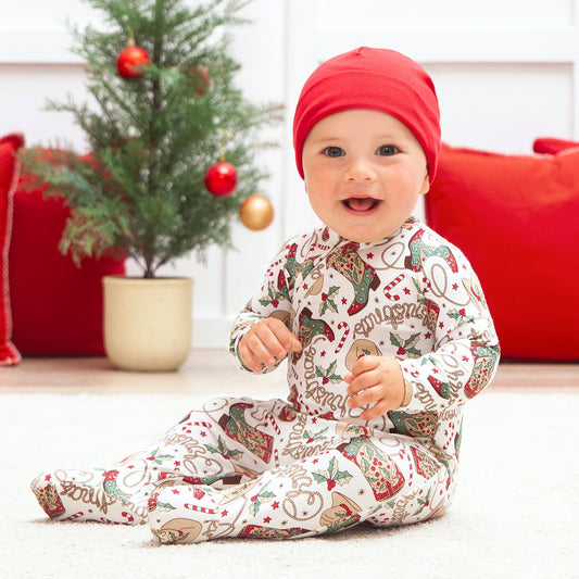 Western Christmas Baby Bamboo Zipper Romper - Cowboy Holiday