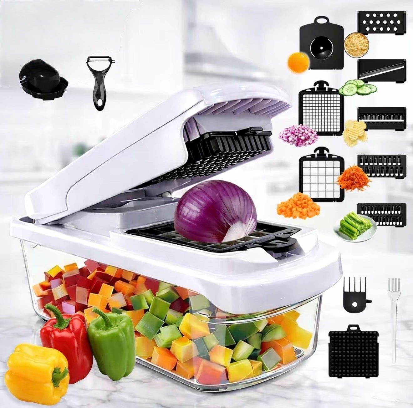 Multi-blade vegetable chopper with white handle, clear container, and interchangeable black blades