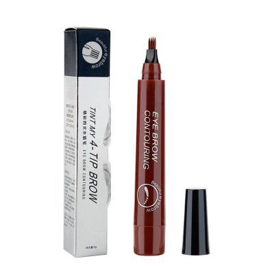 Liquid eyebrow pencil with box packaging and twist-up applicator tip in reddish-brown