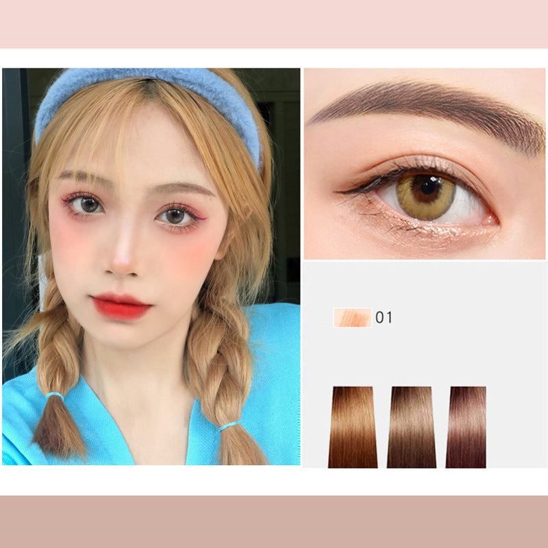 Eyebrow pencil makeup look with visible brow color swatches and close-up eye area